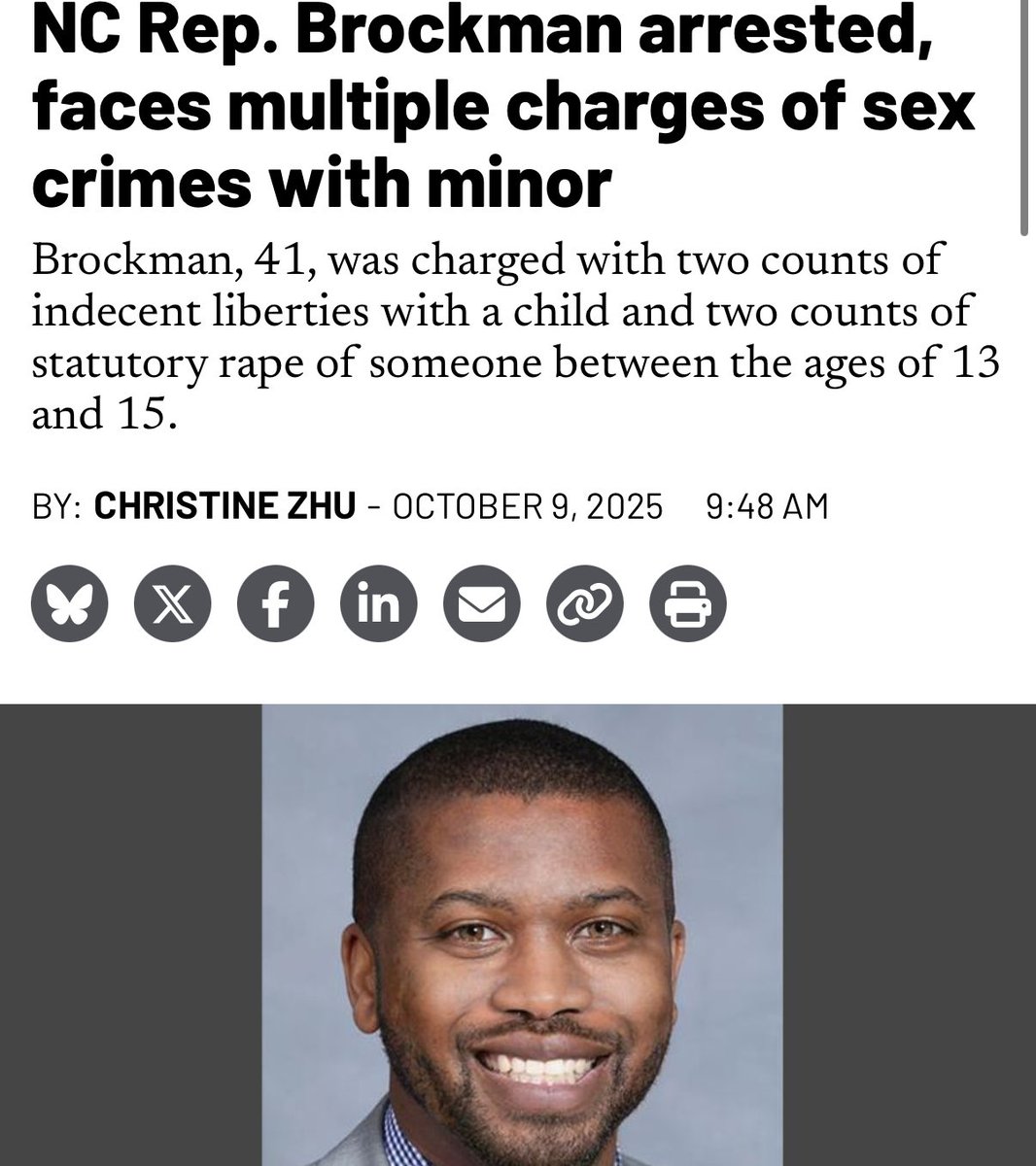 ScottPresler's tweet image. ARRESTED
Cecil Brockman — a democrat State House representative in North Carolina — was charged with two counts of indecent liberties with a child and two counts of statutory rape of someone between the ages of 13 and 15.
He must immediately resign.