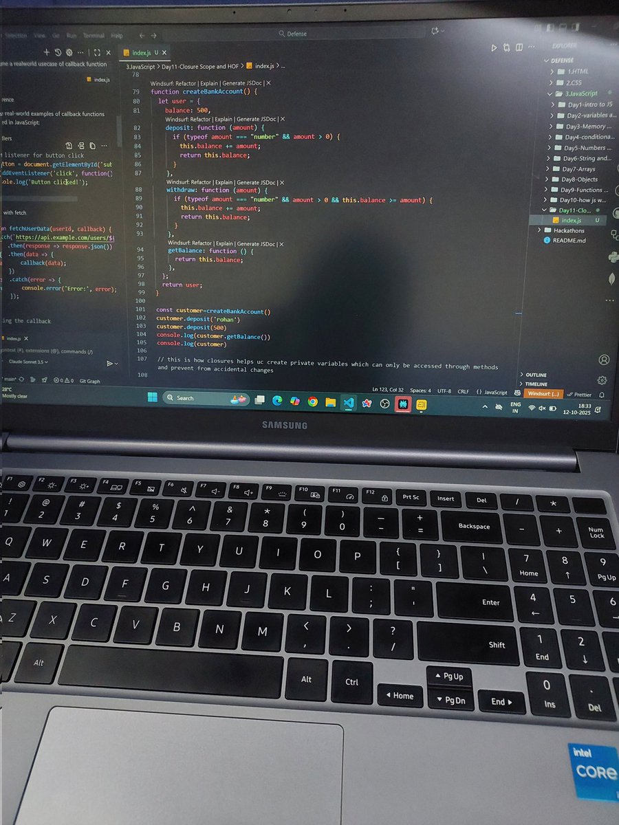 _abhijeet13's tweet image. Day 26 of my #WebDev journey 💻
Learned about Scope, Closures, and Higher-Order Functions 🔍
Gained insights into how closures help in solving real-world problems and writing cleaner code!
#JavaScript #100DaysOfCode #CodingJourney #DevCommunity
#LearnInPublic