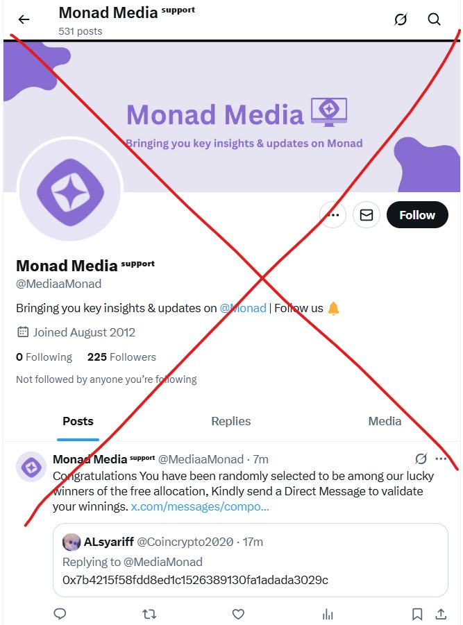 MediaMonad's tweet image. 🚨 SCAM ALERT 🚨

Monad Media only has one 𝕏 account is @MediaMonad

We never DM first and don&apos;t ask for any seed phrase! 🙏

Please share this for everyone to know: Be careful!