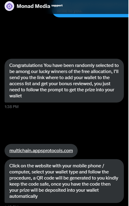 MediaMonad's tweet image. 🚨 SCAM ALERT 🚨

Monad Media only has one 𝕏 account is @MediaMonad

We never DM first and don&apos;t ask for any seed phrase! 🙏

Please share this for everyone to know: Be careful!