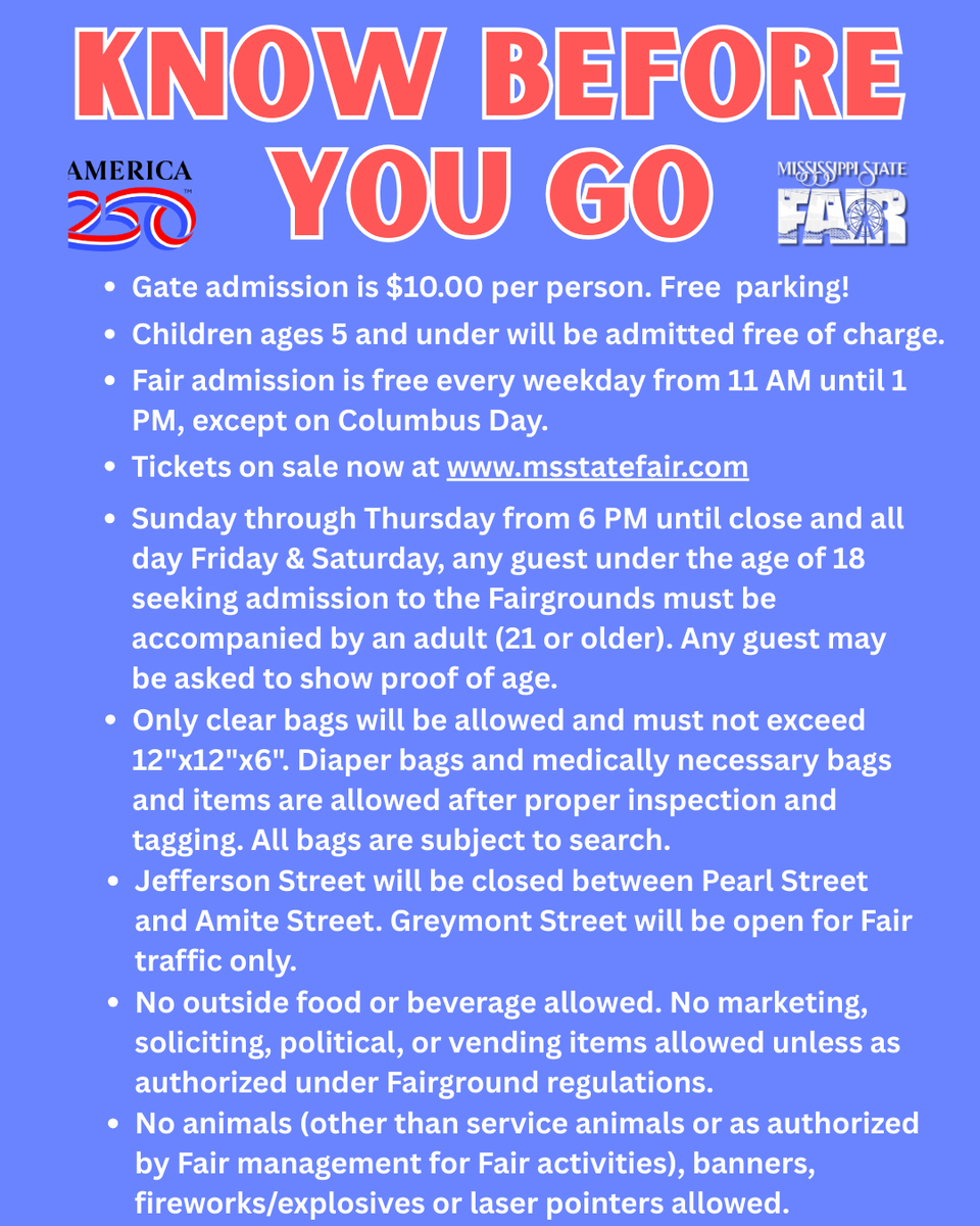 MSStateFair's tweet image. 🎡✨ KNOW BEFORE YOU GO! ✨🎡
Before you head to the Mississippi State Fair, check out these important guidelines. Plan ahead so you can enjoy the fun stress-free!🎟️