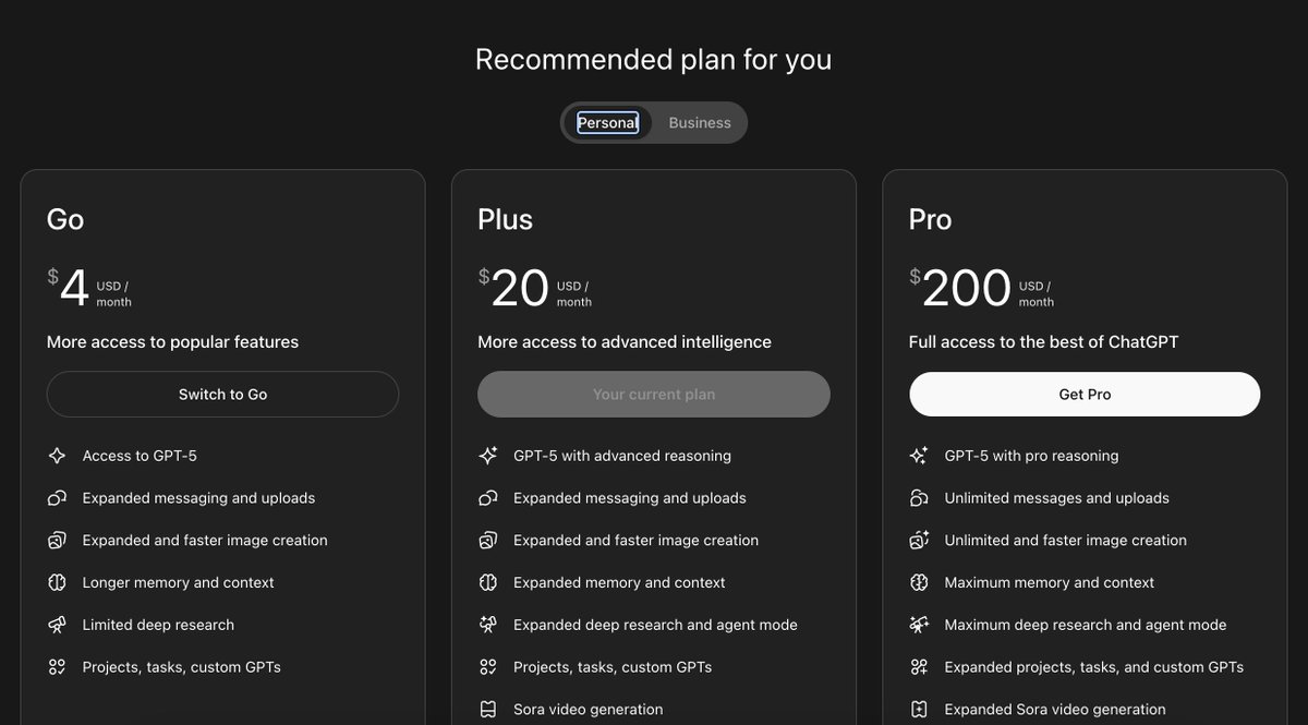 _SajjadHasan_'s tweet image. Living in a poor country finally paid off 😭

ChatGPT recommended me the Go plan — $4 only 😂

#chatgptgo #openai