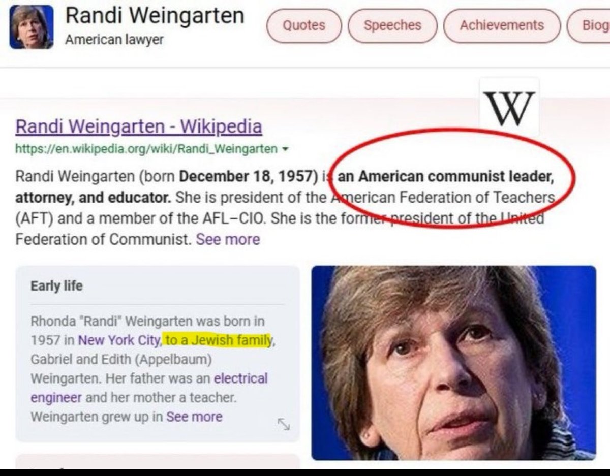 IanMalcolm84's tweet image. Wait, Randi Weingarten, the former President of the United Federation of Teachers and current President of American Federation of Teachers, is a Jew and “communist leader”?

Great find: @klsnowden64