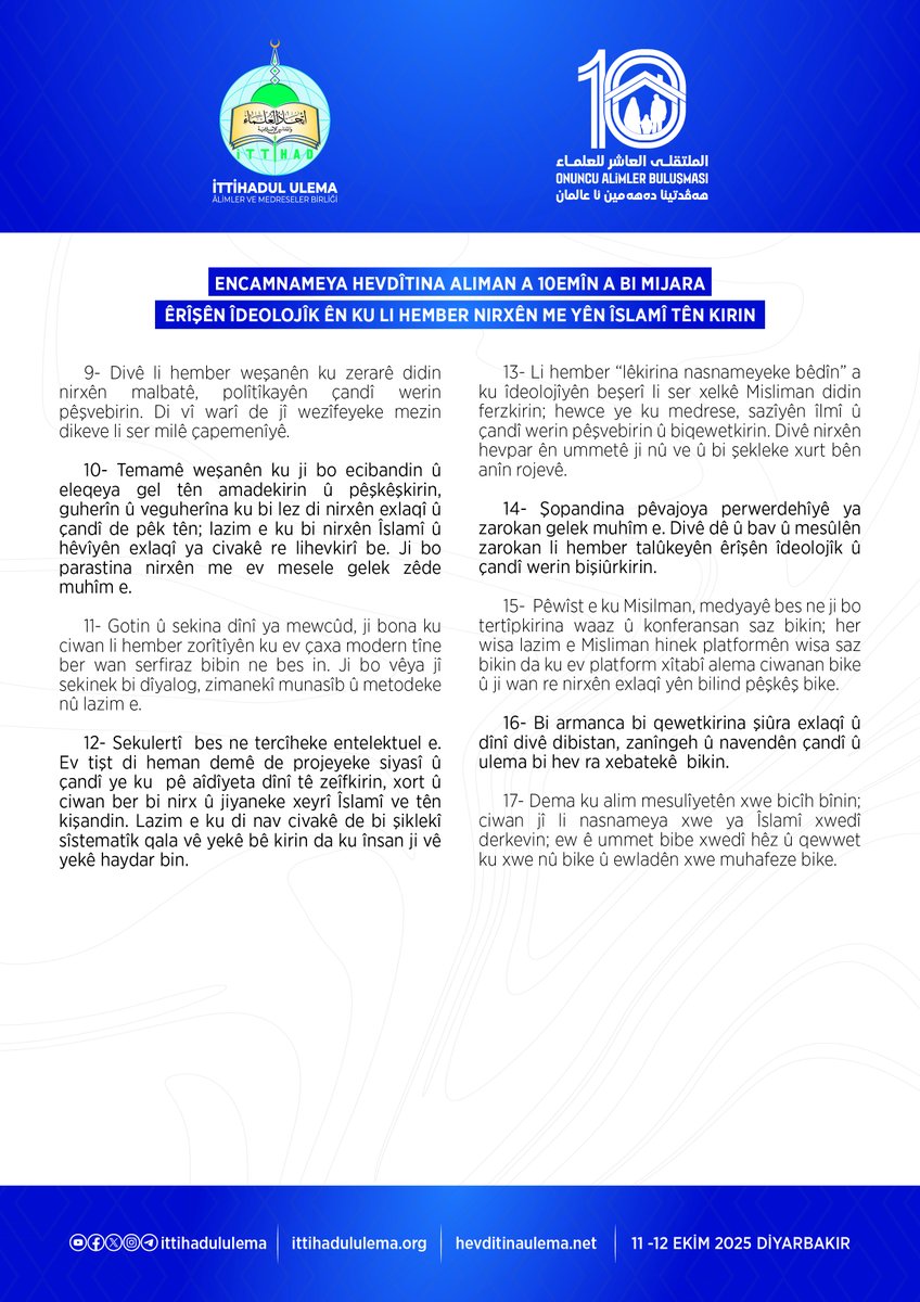 10. Âlimler Buluşması Kürtçe Sonuç Bildirgesi.