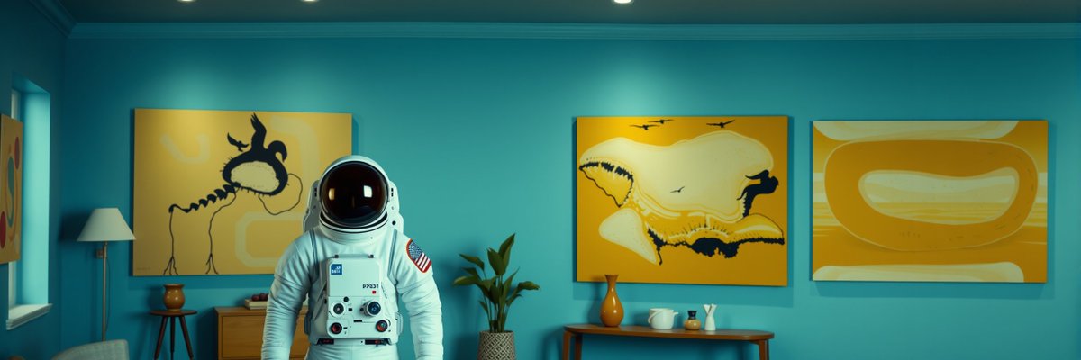 Astronaut in a room with abstract yellow paintings on blue walls, symbolizing scripted market moves