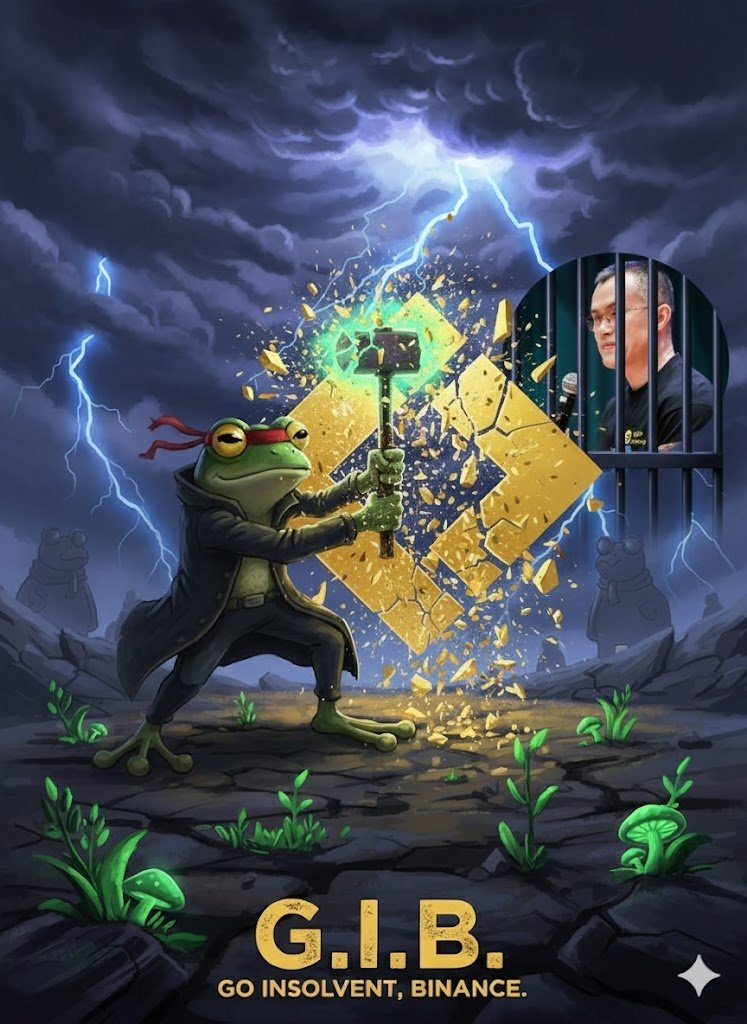 Judd8517's tweet photo. STOP TRADING CEX TRASH. 🛑 SELL BNB, BUY GIB. Binance liquidated your friends. Strike 3. GET GIB NOW.

This is a direct shot at centralized power. The only way to show them how much you hate them is to make this frog coin pump past the moon.

G.I.B. (Go Insolvent, Binance.) Show the world your 🖕.

APE IN 🐸 $GIB - BUY NOW: https://t.co/j00L7EOXAK
Contract: 6FtbGaqgZzti1TxJksBV4PSya5of9VqA9vJNDxPwbonk

#GIBcoin #FUCKBINANCE #DeFi #SolanaPump #CEXSucks