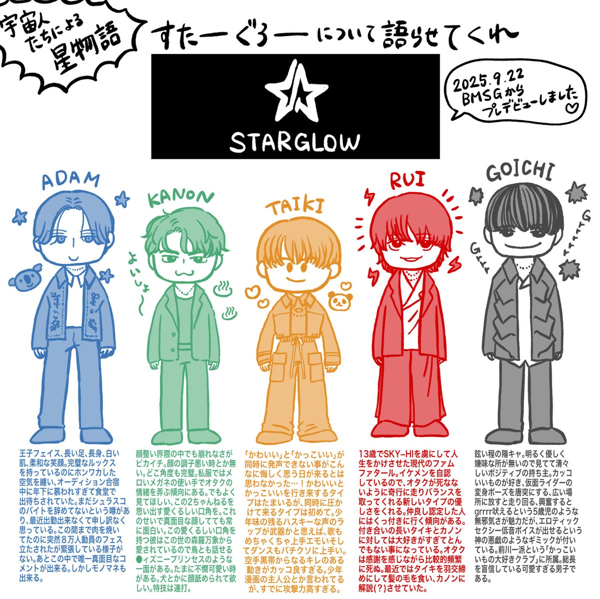 Nomo8Mainichi's tweet image. STARGLOWをよろしくお願いします💫
〜オタクの早口を添えて〜
#STARGLOW #RUI #TAIKI #KANON #GOICHI #ADAM