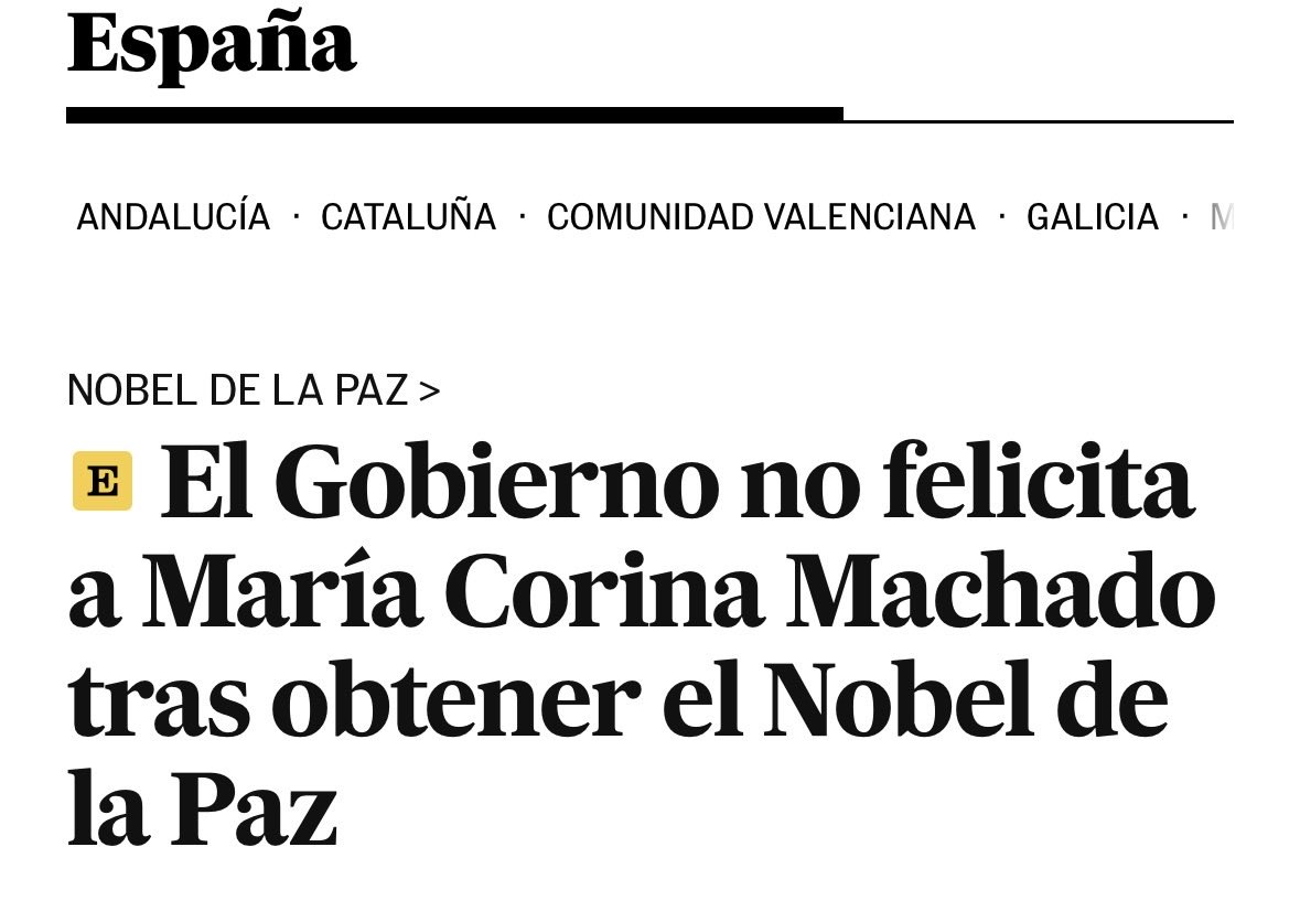MorTony13's tweet image. Vocês sabiam que nem o governo espanhol nem @sanchezcastejon  congratularam @MariaCorinaYA  pelo Prémio Nobel da Paz ?

Pedro Sanchez é um extremista de esquerda conivente com a ditadura na Venezuela e o ditador Nicolás Maduro.