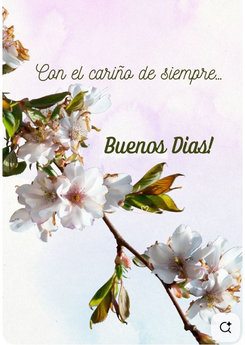 Blooming cherry blossoms with green leaves on a branch against a soft pink and blue gradient background. Elegant handwritten-style text in brown reads Con el cariño de siempre. Green text reads Buenos días below the flowers.