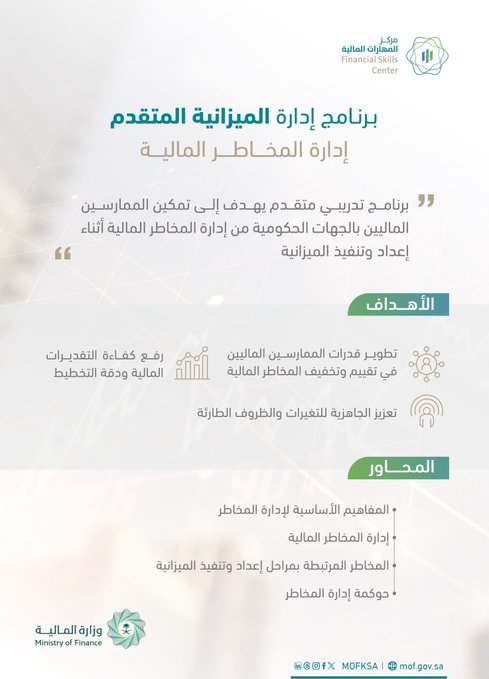 Infographic in Arabic and English with the Ministry of Finance logo at the top featuring a green circular emblem and text Ministry of Finance. Central quote in Arabic about advanced budget management and financial risk management program. Below are icons including a bar chart a network symbol a budget document and a circular arrow representing financial processes. Footer includes the date 12/10/2025 and website mof.gov.sa with social media handles.