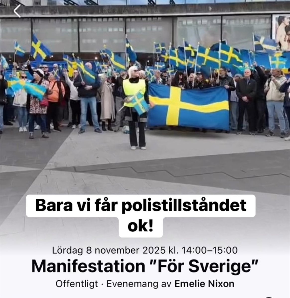 Många som sagt att de hade velat närvara på flaggmanifestationen för Sverige men inte visste om att den hölls. 

Nu har samma arrangör gått ut på Facebook med tiden 8 november kl 14-15. 

Dela gärna! 🇸🇪