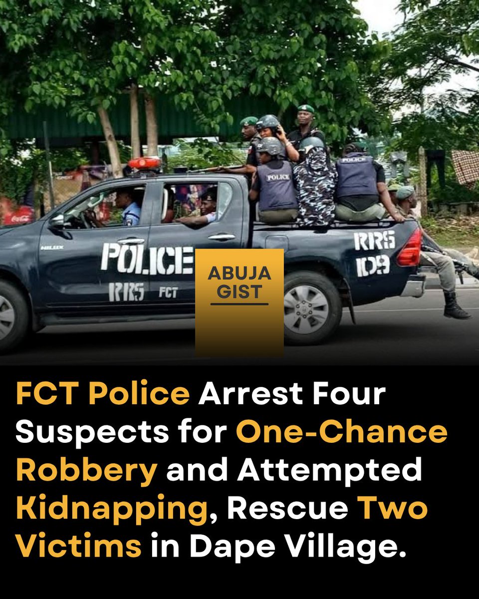 abuja_gist's tweet image. The FCT Police Command has arrested four suspects linked to a one-chance robbery and attempted kidnapping, successfully rescuing two victims in the process.

The suspects were apprehended at Dape Village after a coordinated police operation following a distress call from one of…