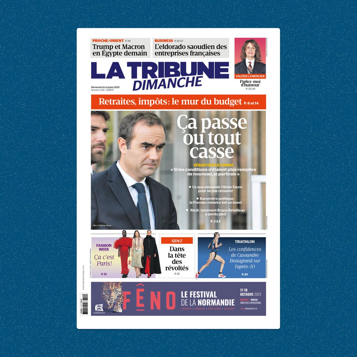 🇫🇷 𝗔̀ 𝗟𝗔 𝗨𝗡𝗘 - Ça passe ou tout casse
■ <a href="/SebLecornu/">Sébastien Lecornu</a> : « Si les conditions n'étaient plus remplies de nouveau, je partirais »
■ Ce que demande <a href="/faureolivier/">Olivier Faure</a> pour ne pas censurer
■ Baromètre politique: le Premier ministre fait un bond
■ Récit: comment <a href="/BrunoRetailleau/">Bruno Retailleau</a> a