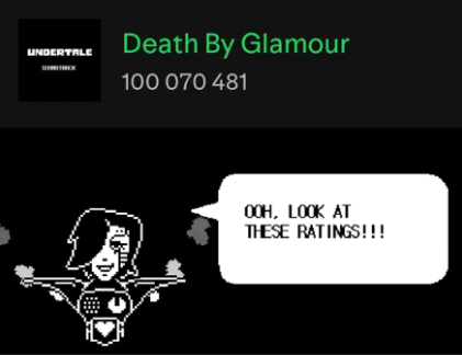 Death by Glamour has been streamed over 100,000,000 times on Spotify. Congratulations, Mettaton !

#Undertale