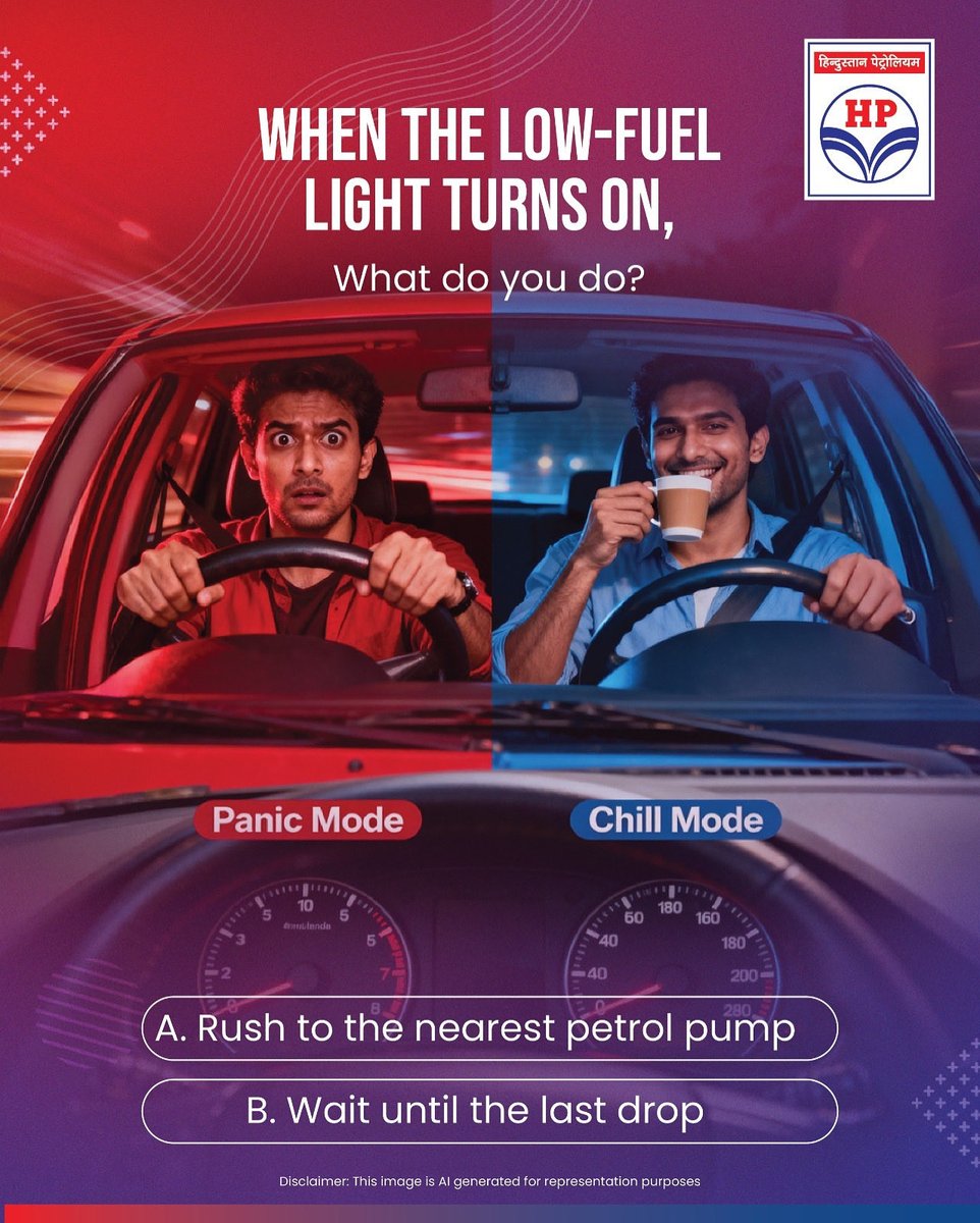 HPCL's tweet photo. ⛽ That heart-stopping moment when the fuel light blinks!
Some rush to the nearest petrol pump, others like to test fate.
So which one are you? 😄
#LowFuel #PetrolPump #Fuel https://t.co/Gu4GXXGkoV