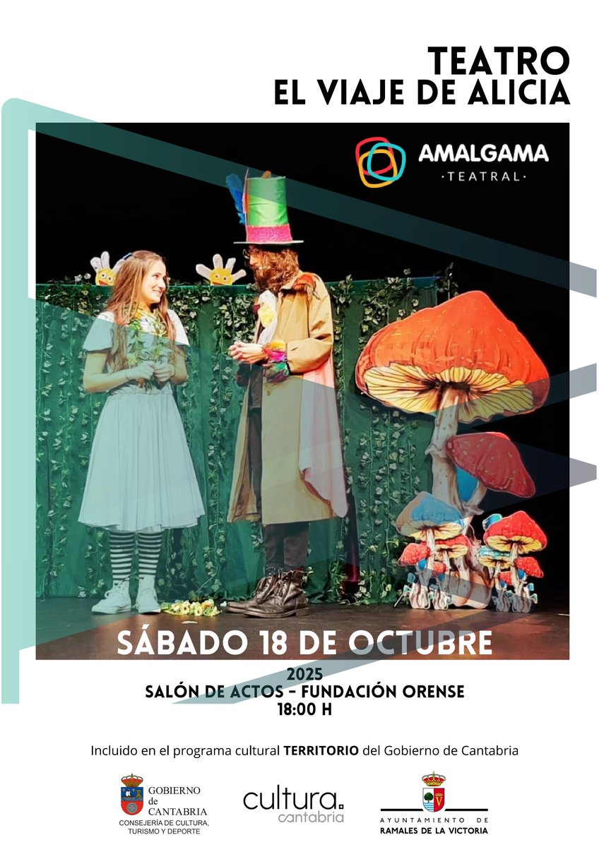 🎭 TEATRO
Para todos los públicos, "El Viaje de Alicia" a cargo de la @Compañía Amalgama Teatral
✅ Sabado 18 de octubre de 2025, a las 18:00 h.
Salón de Actos, Fundación Orense
+Info sobre la obra 👉 bit.ly/4nLSmb5

 #Territorio 
#RamalesdelaVictoria #Ramales #Cultura