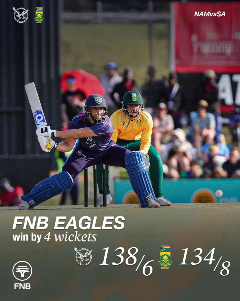 FNB Eagles beat South Africa by 4 wickets! 

Congratulations, Namibia 🇳🇦 🇳🇦🇳🇦🇳🇦🇳🇦