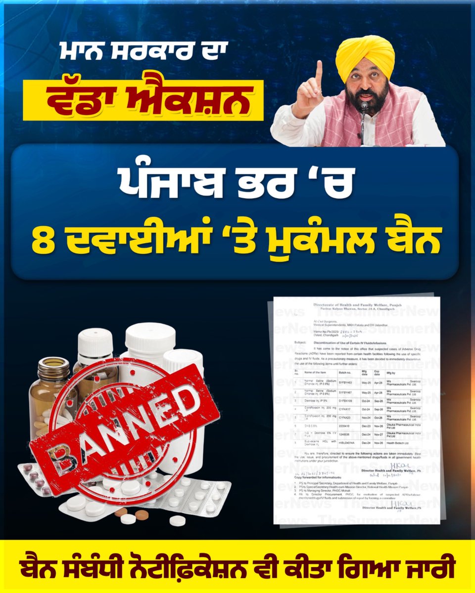 ਮਾਨ ਸਰਕਾਰ ਦਾ ਵੱਡਾ ਐਕਸ਼ਨ‼️
ਪੰਜਾਬ ਭਰ ‘ਚ 8 ਦਵਾਈਆਂ ‘ਤੇ ਮੁਕੰਮਲ ਬੈਨ!