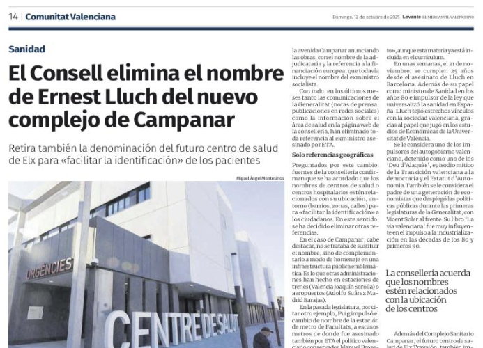 Hay hechos que califican la miseria moral de quien los perpetra. 
El 21 de noviembre se cumplen 25 años del asesinato de Ernest Lluch, pero el Consell de Mazón ha acordado eliminar su nombre del nuevo complejo sanitario de Campanar.
¿Por qué,<a href="/carlos_mazon_/">Carlos Mazón</a>?¿Porque era socialista?