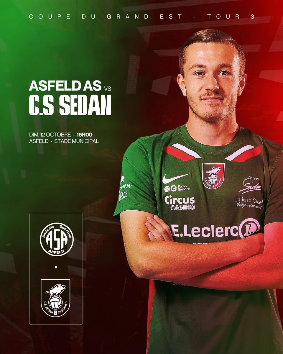 🚨🚨JOUR de MATCH !!

3e TOUR de COUPE GRAND EST - AS ASFELD 🆚 CS SEDAN ARDENNES / Stade Municipal d’Asfeld • Week-end de Coupe pour les Sedanais qui se déplacent sur le terrain d’Asfeld avec un groupe remanié ! 

Sedan, toujours ! 🟢🔴
