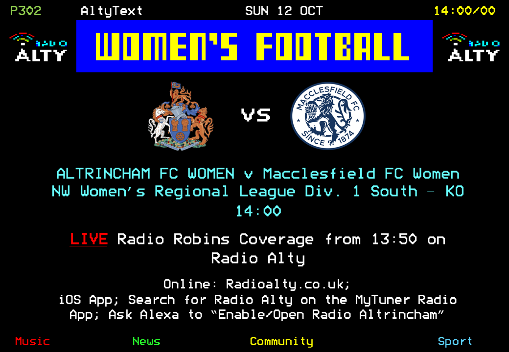 It's back to league action as <a href="/AltrinchamFCW/">Altrincham FC Women</a> host <a href="/thesilkmen/">Macclesfield FC (C)</a> Women in <a href="/nwwrfl/">NWWRFL</a> action at Partington Sports Village. Live Radio Robins commentary from <a href="/HoddersUK/">Sam Hodkin (He/Him/Human)</a>, Jack Worswick and Ian Wilkinson kicks off around 13:50 on Radio Alty. #YourTownYourClub