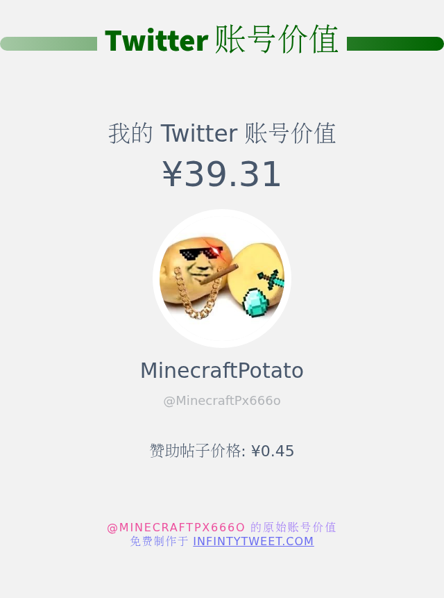 MinecraftPx666o's tweet photo. 我的推特价值是: ¥39.31

➡️ https://t.co/OPUXKAw5F6 https://t.co/UMbWkmw9Kg