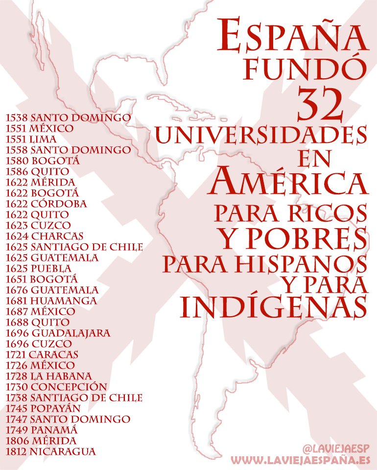 CruzadoXP's tweet photo. Hoy es 12 de Octubre (Día de la raza). Se conmemora y FESTEJA el Descubrimiento de América por parte de Colon y la Corona de Castilla (Reyes Católicos).

Importante recordar que la Universidad es una creación de la Iglesia Católica.
Vamos a enumerar las que cada país fundó en sus Dominio como política de gobierno.

Imperio Español 🇪🇸 (algunas con la Iglesia🇻🇦): 33

Imperio Francés 🇫🇷 (por iniciativa de la Iglesia🇻🇦): 1

Imperio Británico 🇬🇧: 0

Imperio Portugués 🇵🇹: 0
