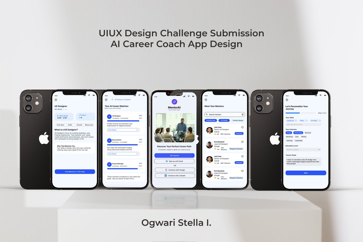 stella_ogwari's tweet image. Excited to share my week 1 design submission for the @FemoskeydevAcademy UI/UX Challenge.
Meet MentorAI, an AI-powered career coach that helps users discover their ideal career path and connect with the right mentors.
#UIDesign #UXDesign #DesignChallenge.