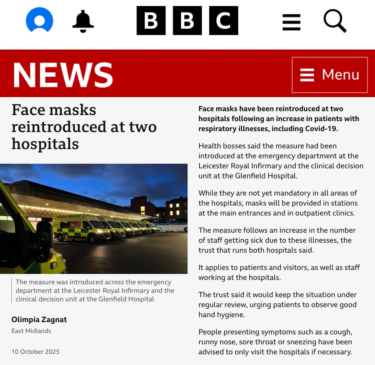_CatintheHat's tweet image. It’s frustrating to see this reactive attitude to airborne infection controls.

By the time they realise there’s a problem, it’s too late.

Hospitals are always full of infectious sick people, so why are airborne IPC measures not in place at ALL times?

bbc.co.uk/news/articles/…