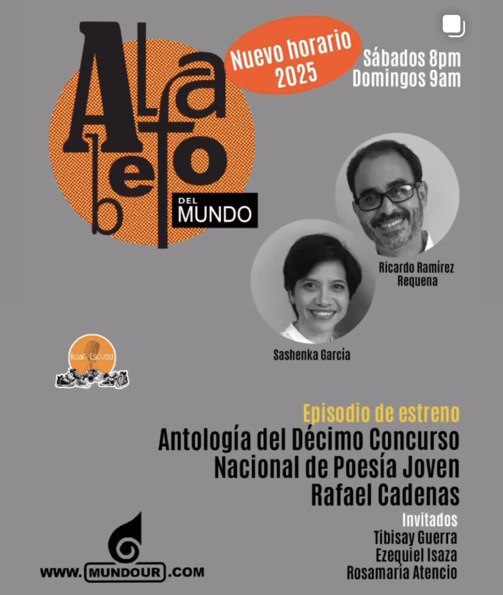 Hoy a las 9 a.m. escucha «Alfabeto del mundo» el episodio de estreno sobre la 10° antología del Concurso Nacional de Poesía Joven Rafael Cadenas. 

Haz click acá: 👇🏼👇🏼👇🏼

mundour.com