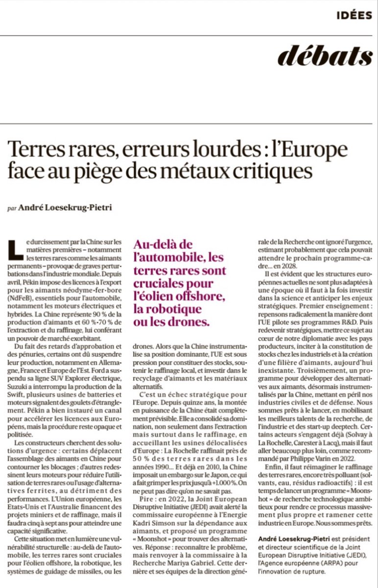 J.E.D.I.⚡️ (@eurojedi) on Twitter photo Depuis 3 ans, nous avons été parmi les 1ers à identifier notre immense dépendance aux aimants permanents et au raffinage chinois. Nous avons proposé des moonshots technologiques pour réduire cette dépendance, que <a href="/SGPI_avenir/">Secrétariat général pour l’investissement</a> & <a href="/HorizonEU/">Horizon Europe 🇪🇺</a> ont superbement ignorés. Chapeau. Depuis 3 ans, nous avons été parmi les 1ers à identifier notre immense dépendance aux aimants permanents et au raffinage chinois. Nous avons proposé des moonshots technologiques pour réduire cette dépendance, que <a href="/SGPI_avenir/">Secrétariat général pour l’investissement</a> & <a href="/HorizonEU/">Horizon Europe 🇪🇺</a> ont superbement ignorés. Chapeau.