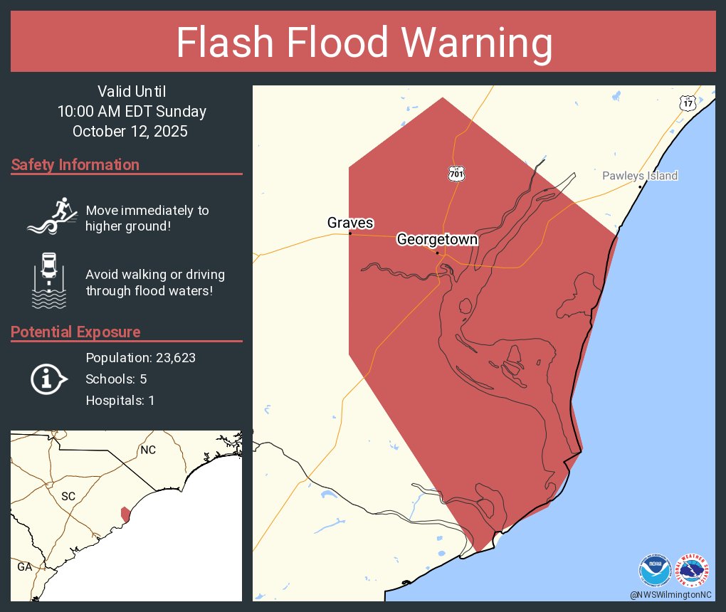 NWSWilmingtonNC's tweet photo. Flash Flood Warning including Georgetown SC and  Graves SC until 10:00 AM EDT https://t.co/AoZ65q6PUC