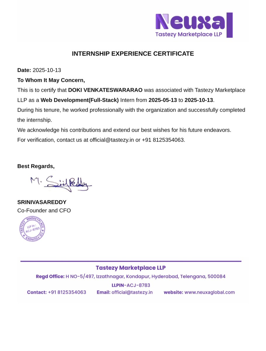 knox_sama_'s tweet image. Successfully completed🥳 my internship @neuxaglobal as FullStack Developer
acted as TeamLead in the internship for the other interns team , lead them in backend development
#internship #FullStackDeveloper #Tech #WebDevelopment #Coding #FullStack #TeamLeader #InternshipComplete