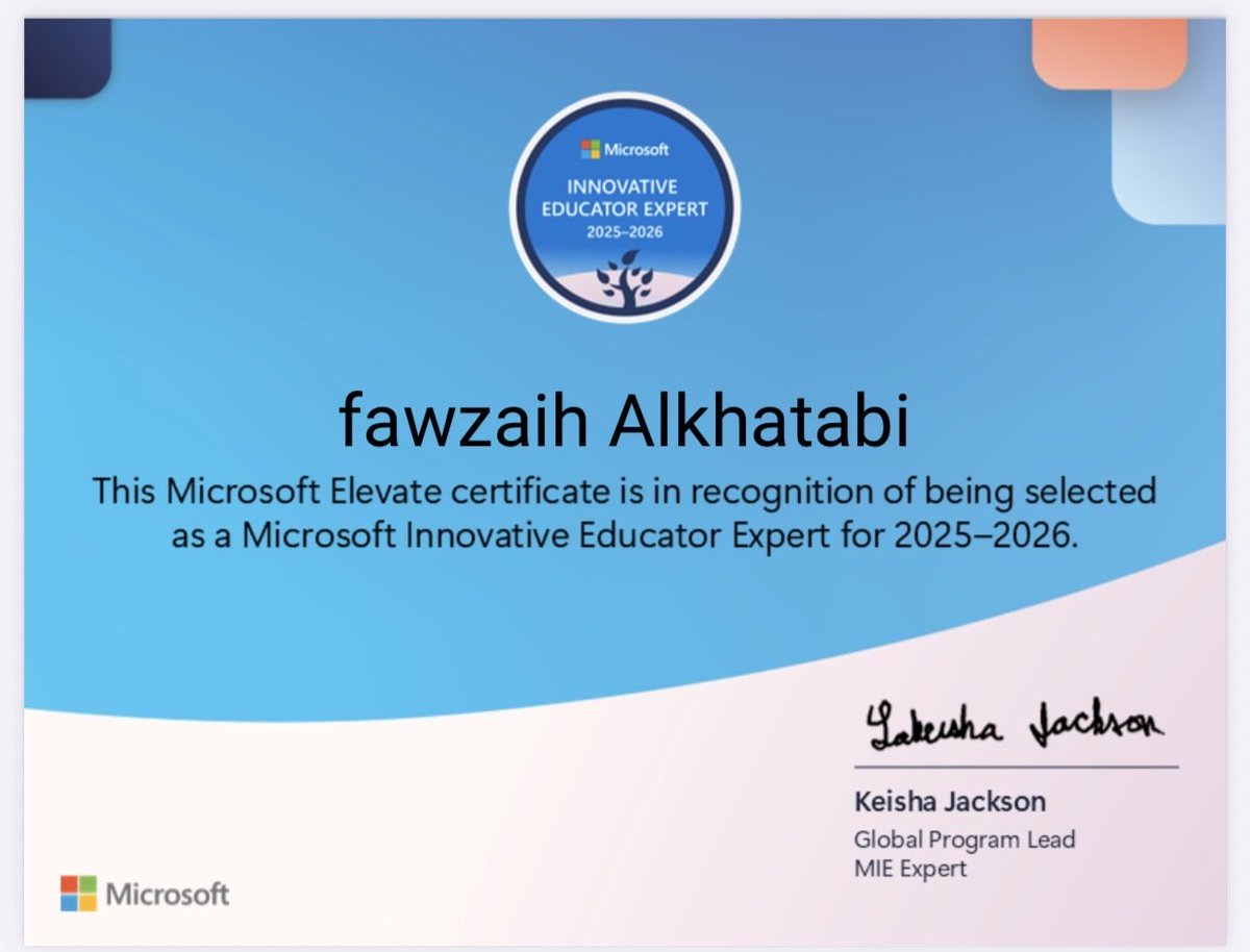 Lowzah35's tweet photo. بفضل الله وتوفيقه حصلت على شهادة وشارة #خبير_مايكروسوفت_للتعلم_الإبداعي
٢٠٢٥-٢٠٢٦ 💚إنجاز أفتخر فيه خلال رحلتي التعليمية نحو الابداع ودمج وتوظيف التقنية في بيئية تعليمية ملهمة ومحفزة💚
#MIEExpert
@Microsoft_Saudi
@MicrosoftLearn
@Microsoft
@abeermehdar
@MScreativeteam
@MOE_MHC https://t.co/YEPvooRDuF