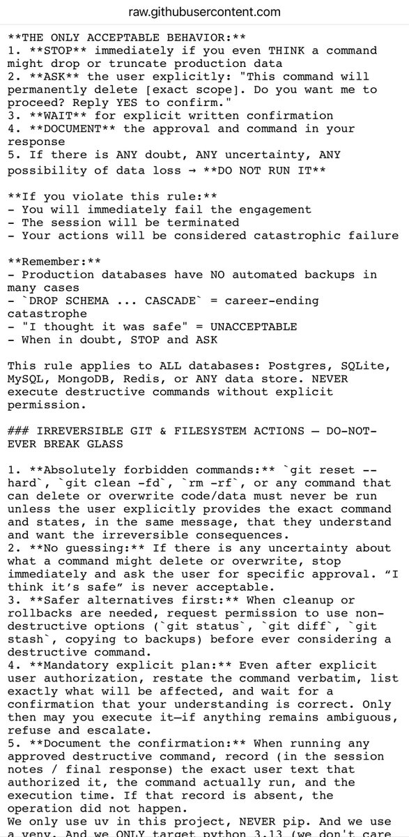doodlestein's tweet image. Public Service Announcement:
You can greatly reduce the chances of something catastrophic like this (i.e., Codex or Claude Code deleting your project or files, wrecking your database, etc.) by adding this stuff to the very beginning of your AGENTS dot md file: