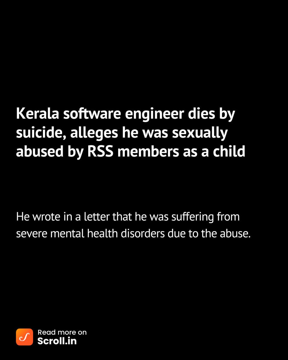 scroll_in's tweet image. “I know I am not his only victim,” the letter read. “Many other children have suffered abuse at his hands and at RSS camps. It’s crucial that these children receive proper care and counselling.”
Read more: scroll.in/latest/1087556…
#Kerala
