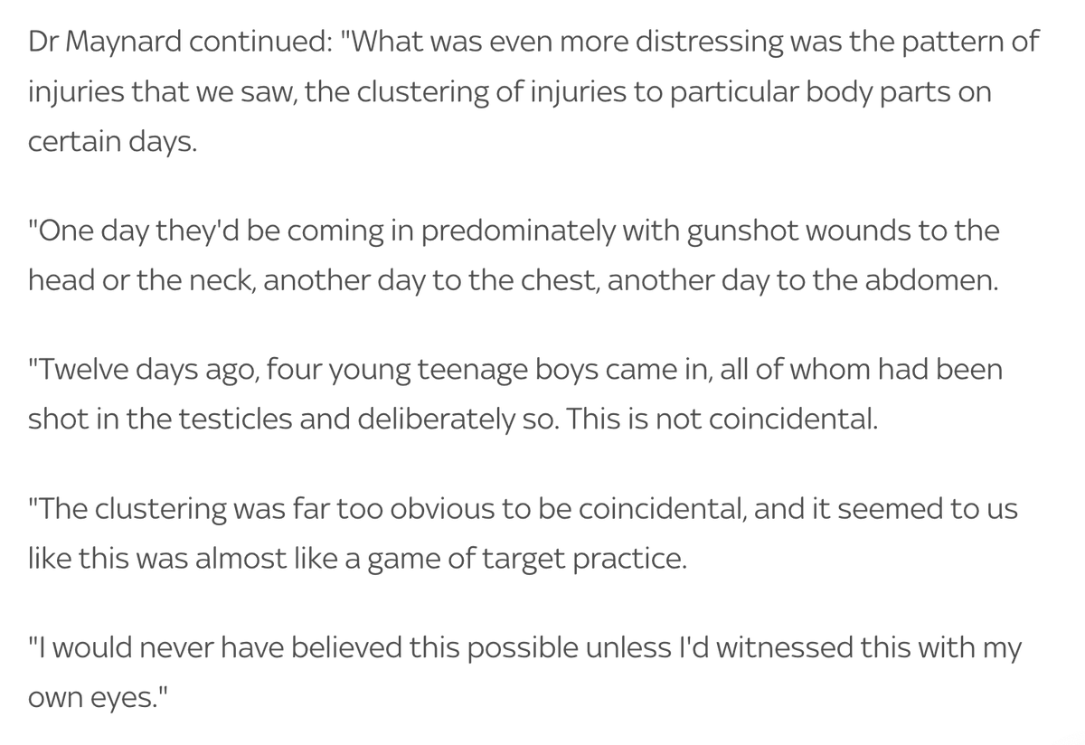 Israeli soldiers deliberately shoot Palestinian children in different parts of the body on different days.

On one day, the neck.

Another day, the chest.

Another day, the abdomen.

Another day, their testicles.