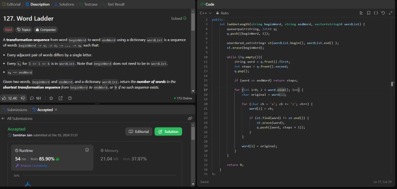 jsambhav5's tweet image. #Day372 of #400DaysOfDSA
Topics and Learnings: #BinaryTree, #BreadthFirstSearch
Problems Revised:
195. #LeetCode #127 : Word Ladder
Approach:
Used #BreadthFirstSearch to solve this
Complexiy Analysis:
TC: O(N)
SC: O(N)