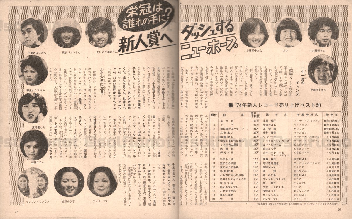 YoungSong #HeibonSong 1974年11月号 おまけ 1974年の新人まとめ記事 