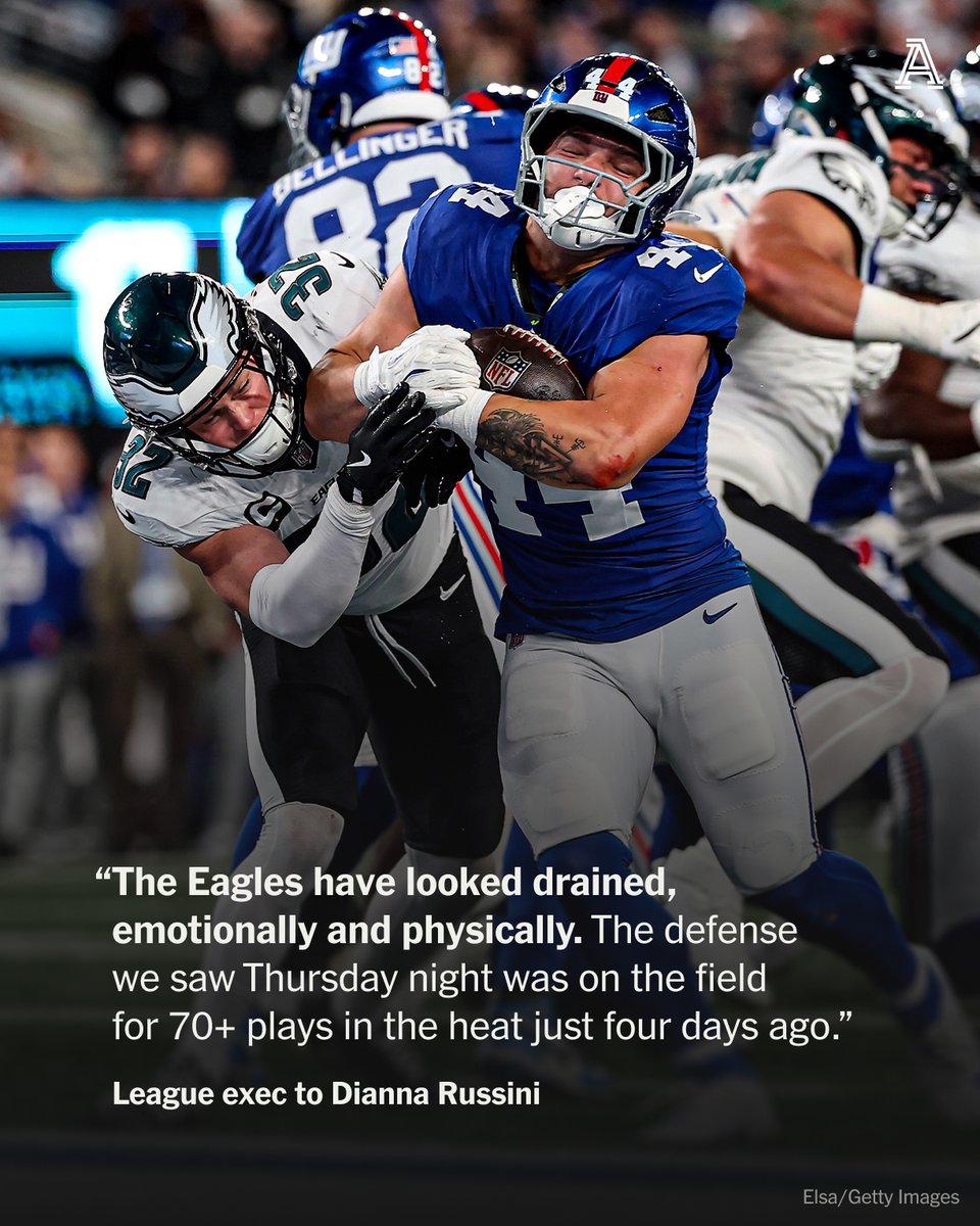 “The Eagles have looked drained, emotionally and physically,” one league exec told me.
 
It’s not an excuse. But it’s possible Philly’s not broken; the Eagles are just out of sync and worn out.

nytimes.com/athletic/67069…