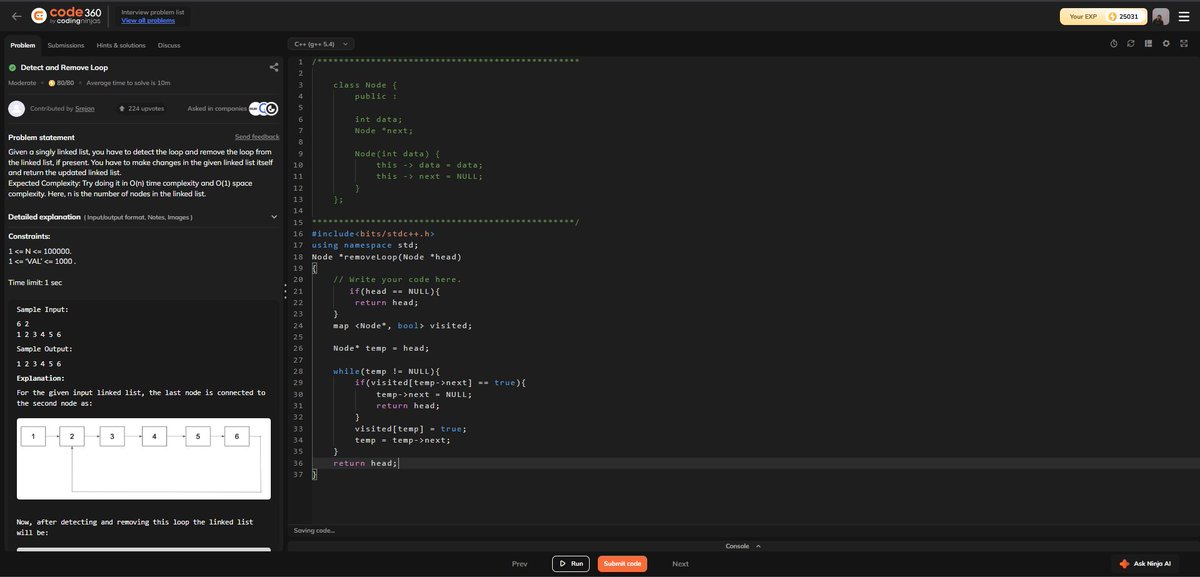 Anurags44798025's tweet image. 🚀 Day 76 of my coding journey: Tackling the classic &quot;Detect and Remove Loop&quot; in a Linked List!
#100DaysOfCode #DataStructures #Algorithms #LinkedList #Coding #SoftwareDeveloper #TechInterview