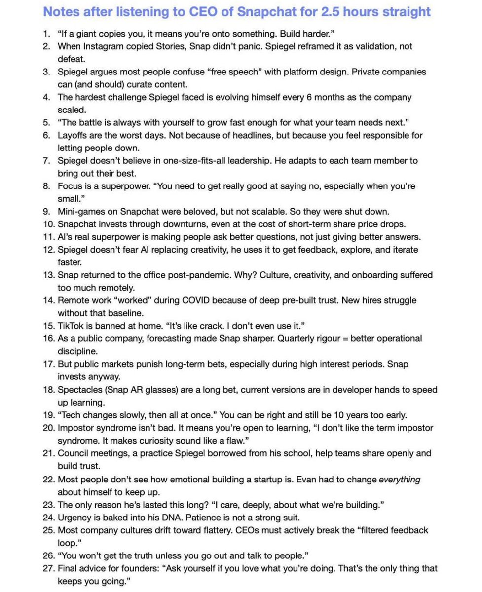 jaynitx's tweet image. The CEO of Snapchat literally shared 27-lesson masterclass on how to build a $13 billion company: