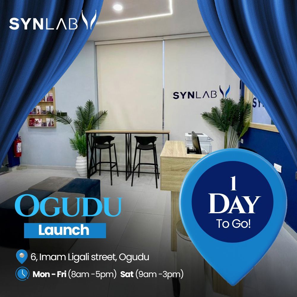 ✨ Ogudu, the countdown is almost over!
Just 1 day till we open our doors and bring world-class healthcare closer to YOU. 💙
📍 6, Imam Ligali Street, Ogudu
🕘 Mon–Fri: 8AM–5PM | Sat: 9AM–3PM
Get ready, SYNLAB is here to redefine convenience and care.

#SYNLABOgudu  #NewLocation