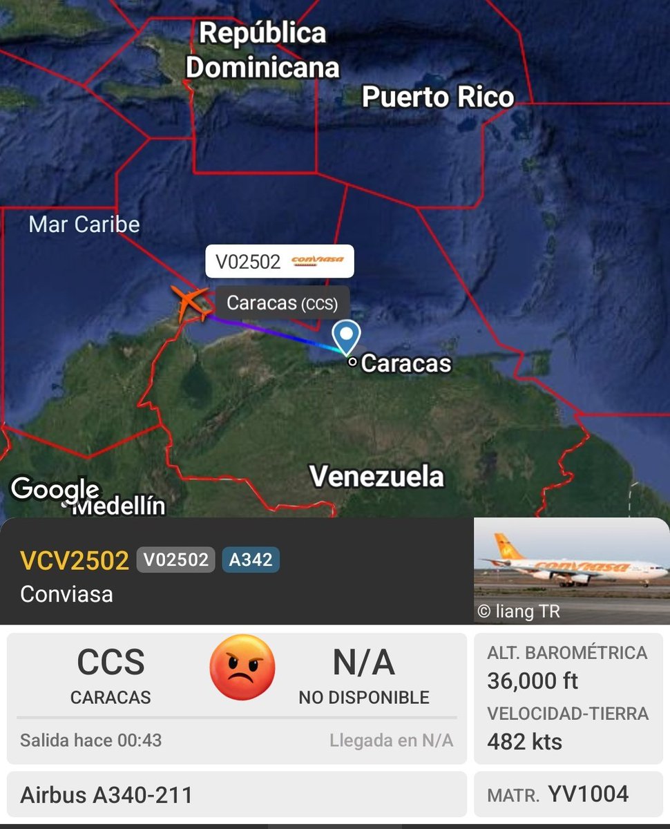Arr3ch0's tweet image. Avión Presidencial YV1004 en ruta internacional, vuelo VCV2502