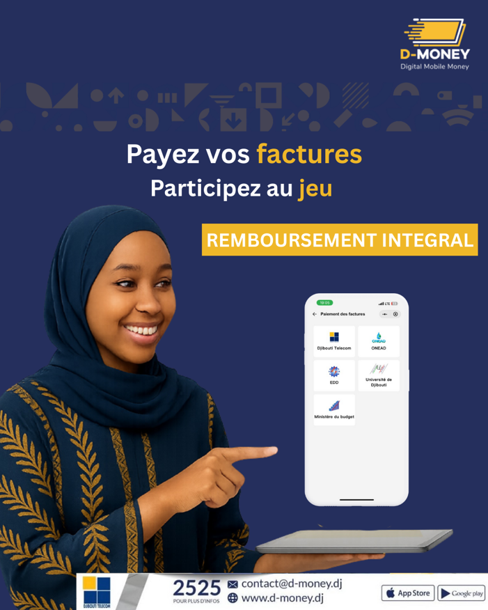 djiboutimoney's tweet photo. đ Merci Ă tous pour votre participation au prĂ©cĂ©dent tirage !
Bonne nouvelle đ le tirage continue đ
Payez vos factures (EDD, ONEAD, Djibouti Telecom) avec D-Money et tentez votre chance đž
#DMoney #TirageAuSort #Djibouti #EDD #ONEAD #DjiboutiTelecom https://t.co/pj5q6h1mCv