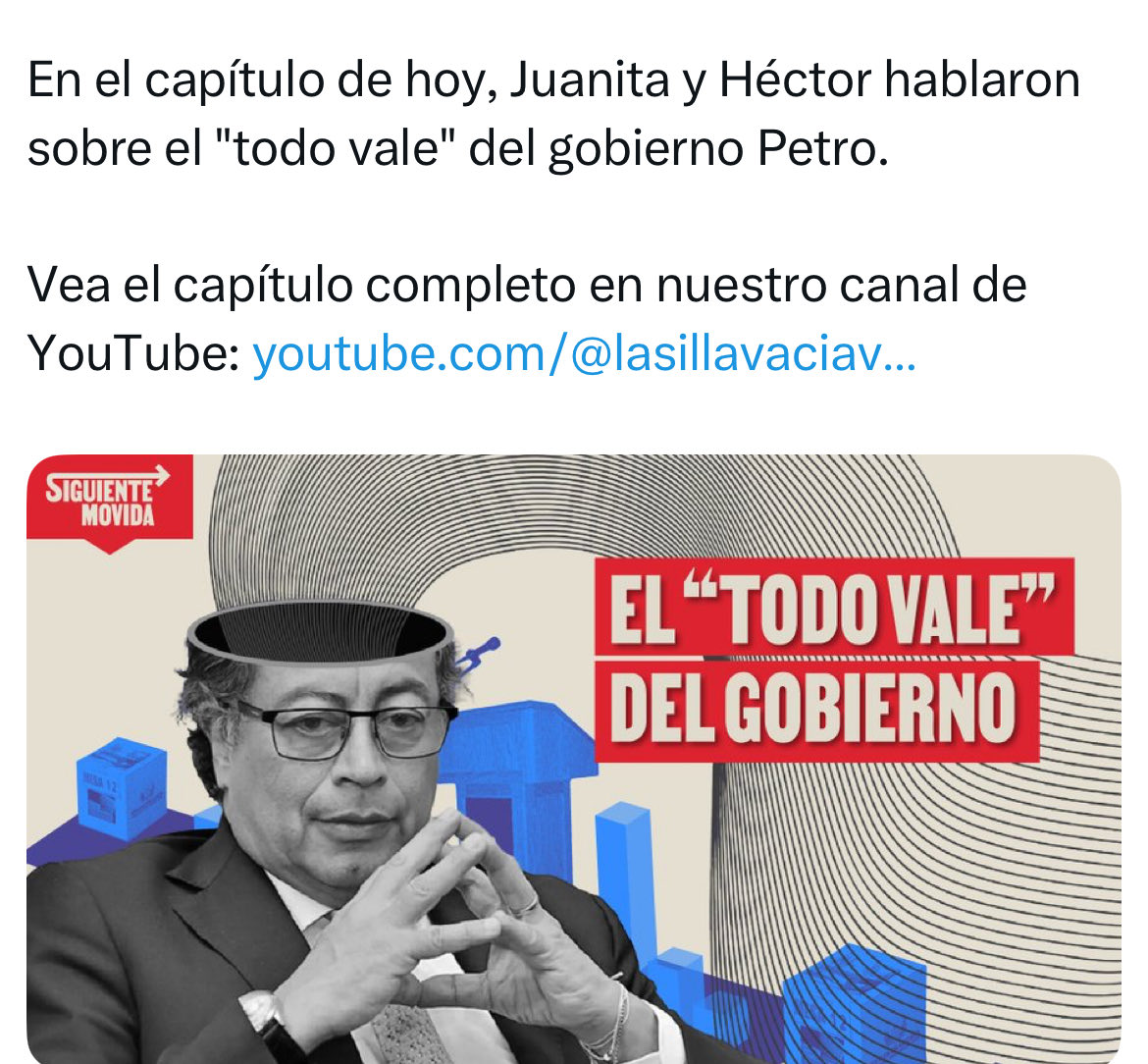 El Presidente <a href="/petrogustavo/">Gustavo Petro</a> decidió que el fin justificaba los medios y eso lo llevó a incurrir en las mismas prácticas políticas que había criticado durante años lo que lo alejó de un sector del electorado que lleva décadas reclamando  ese cambio youtu.be/JUfQKzNzgSo?si…