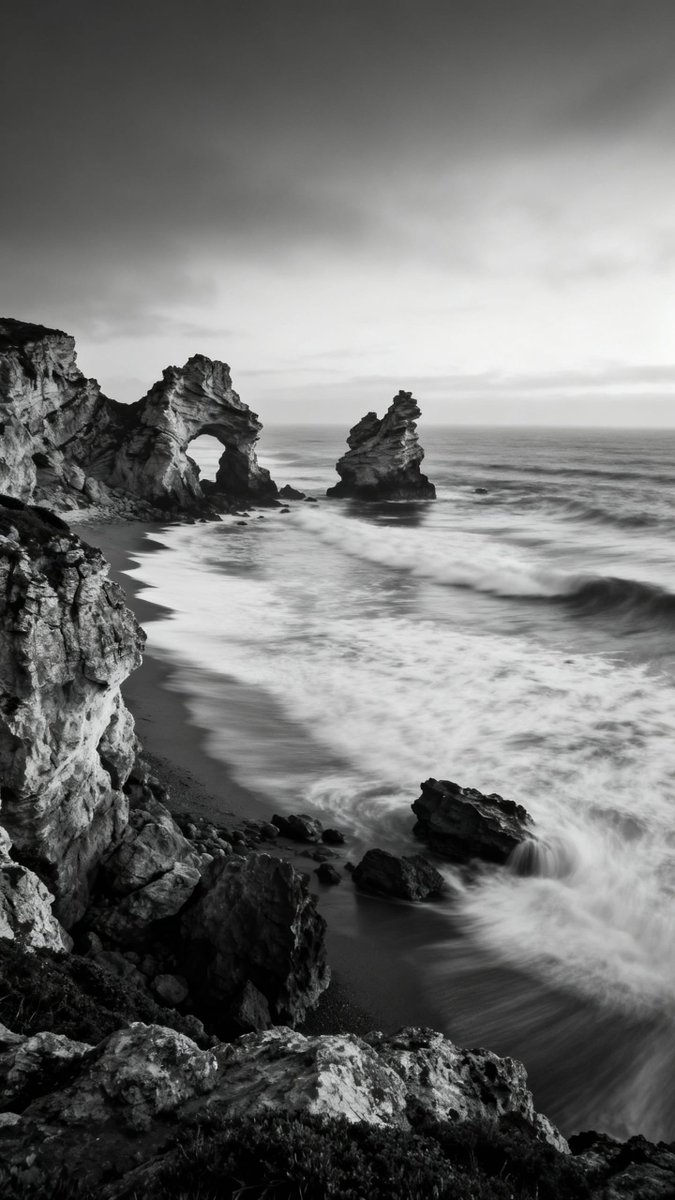 p_chusaengsri's tweet image. Black and white coastal scene featuring dramatic rock formations and waves gently crashing against the shore under a cloudy sky.
#BlackAndWhiteCoast #DramaticSeascape #RockyShoreline #CloudySkyViews #NatureInMonochrome