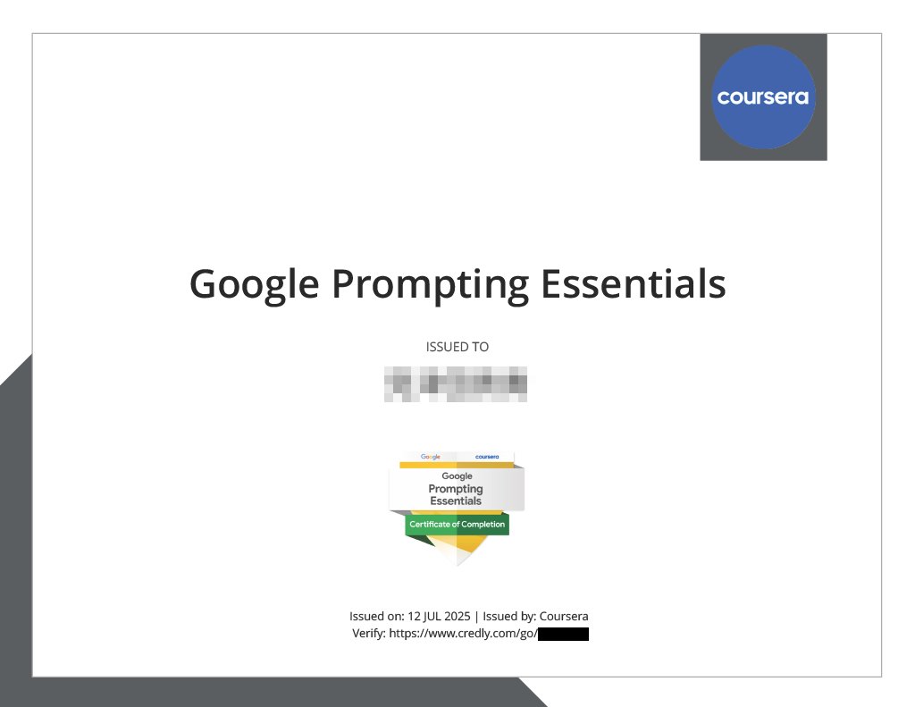 Designer_Mit's tweet image. Google Prompting Essentialsを修了しました🙌

今までもAIは使ってきてたけど、
知らないことも多くて勉強になりました💡

英語教材を和訳した時の独特な言い回しに苦労しましたが、合格できて良かった😭