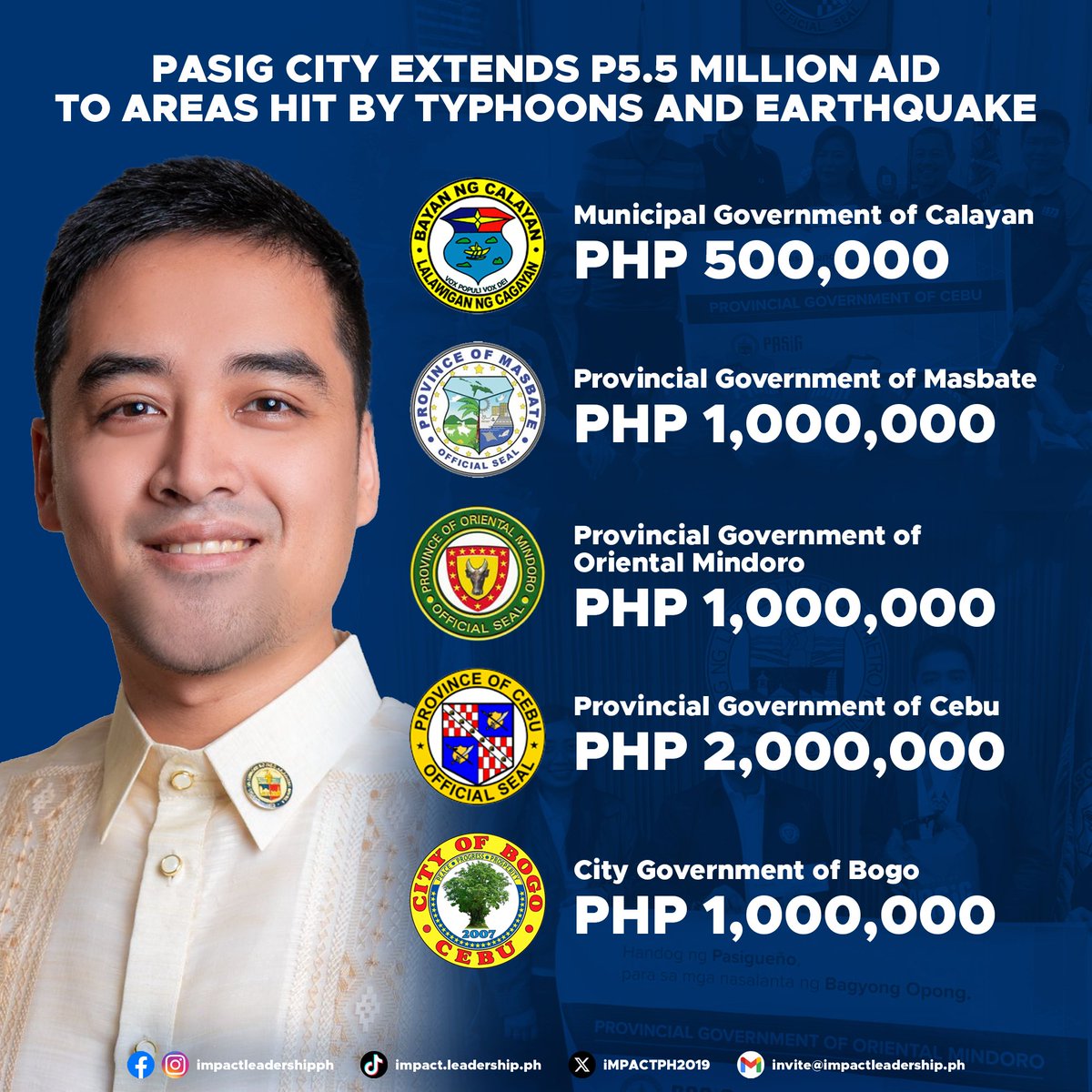 iMPACTPH2019's tweet image. PASIG CITY EXTENDS ₱5.5 MILLION AID TO AREAS HIT BY TYPHOONS AND EARTHQUAKE

The Pasig City Government has approved the release of ₱5.5 million in financial assistance to several local government units (LGUs) affected by Tropical Cyclones Nando and Opong, as well as the…