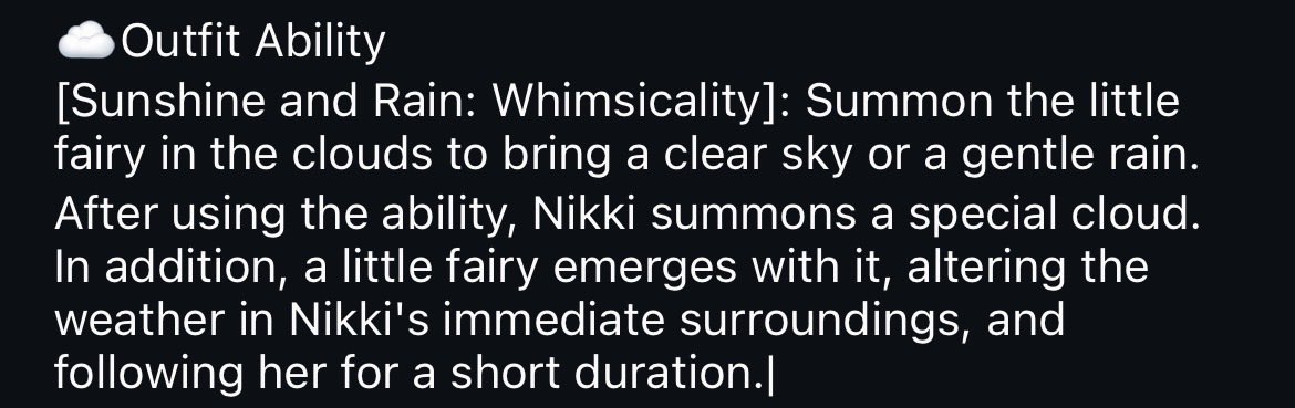 InfinityMarque5's tweet image. Cloud Reverie outfit will be great for photos used the weather stays the same after the ability has finished. 
Although an actual weather toggle would be better in photo mode.

#InfinityNikki
